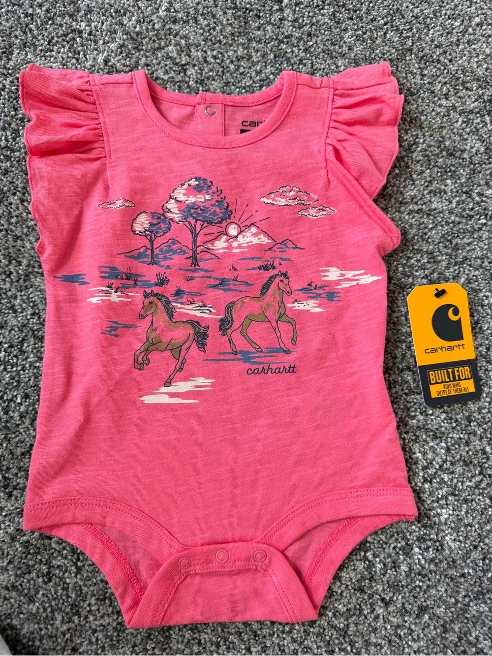 Carhartt pink baby bodysuit with horses and trees graphic, size 6M #babyfashion